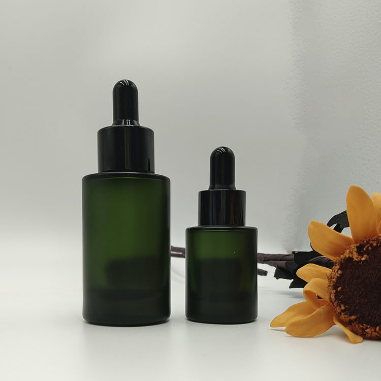 Cosmetic Matte Frosted Green Glass Bottles 5ml 10ml 20ml 30ml Flat Shoulders Dropper Cap for Serum and Skin Essential Oil