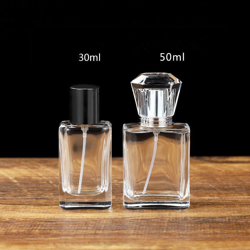 Luxury 30ml 50 ml Clear Glass Perfume Spray Bottle with Aluminium Cap Flacon Parfum Vide 50ml Square Perfume Bottle