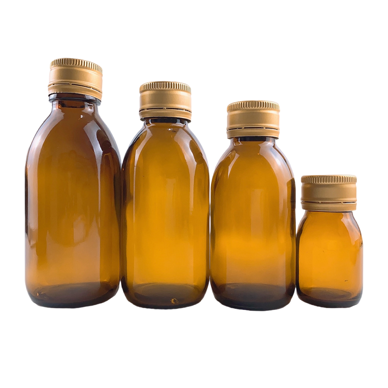Free Sample 30ml-150ml brown glass bottle custom logo shading bottle with aluminum anti-theft lid Tea Shaded Round Glass Bottle