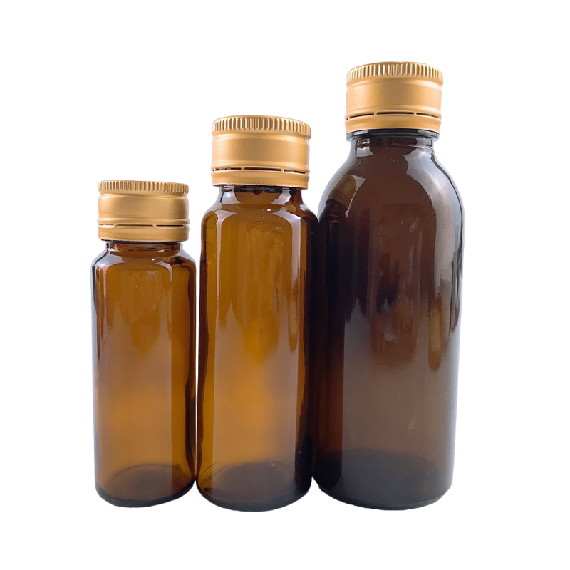 Free Sample 30ml-150ml brown glass bottle custom logo shading bottle with aluminum anti-theft lid Tea Shaded Round Glass Bottle