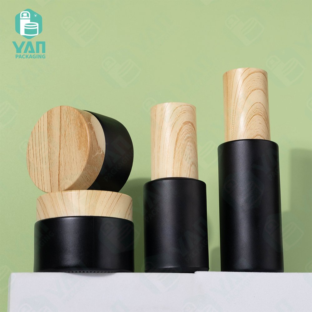 YAN Packaging black matt glass serum 30ml 50ml bottle jar water transfer plastic lid for cosmetic