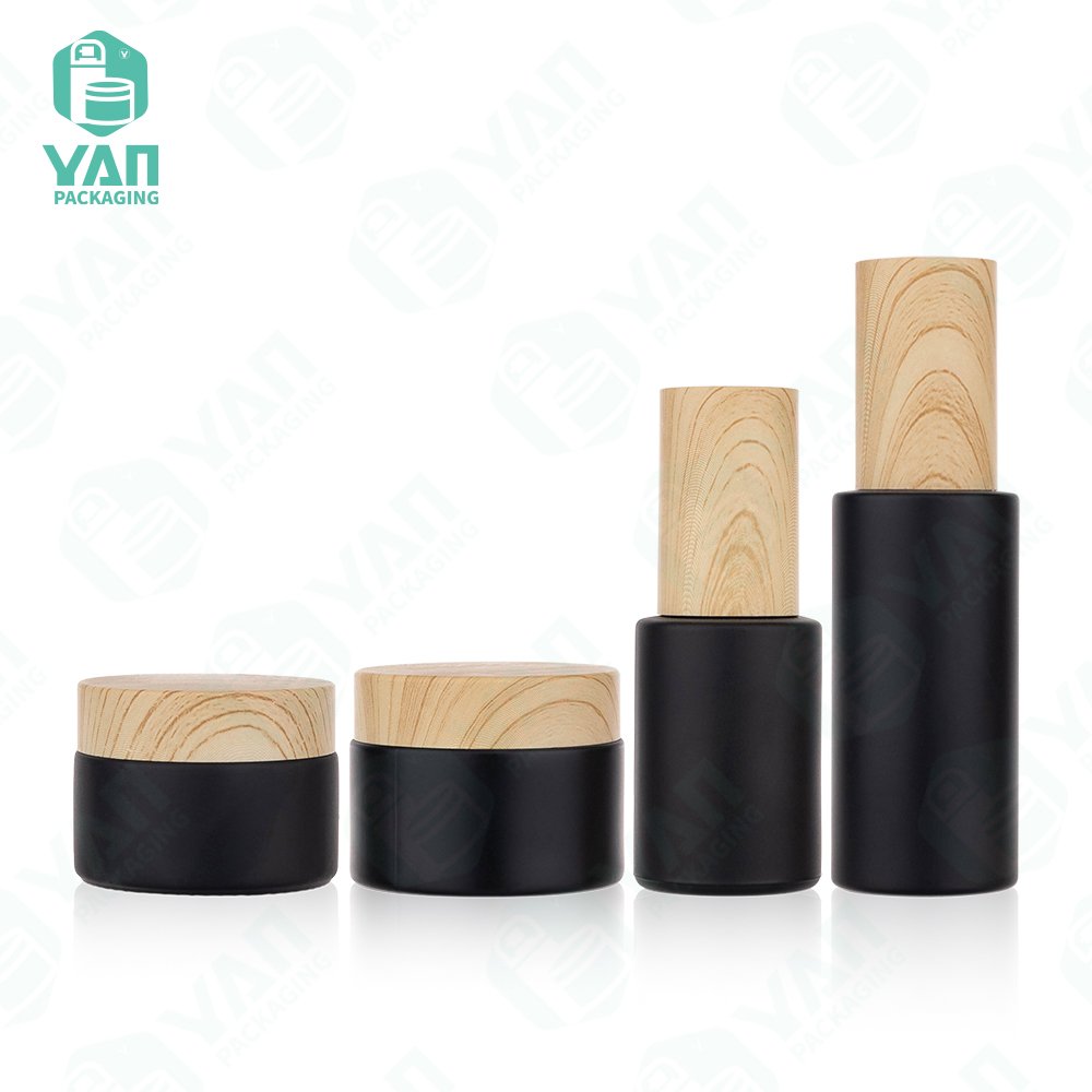 YAN Packaging black matt glass serum 30ml 50ml bottle jar water transfer plastic lid for cosmetic