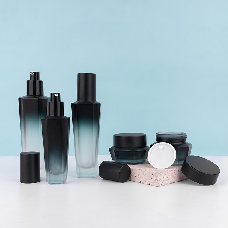 Custom logo gradient hexagon 30g 50g 40ml 100ml 120ml glass bottle and jar cosmetic container with black cap glass bottle