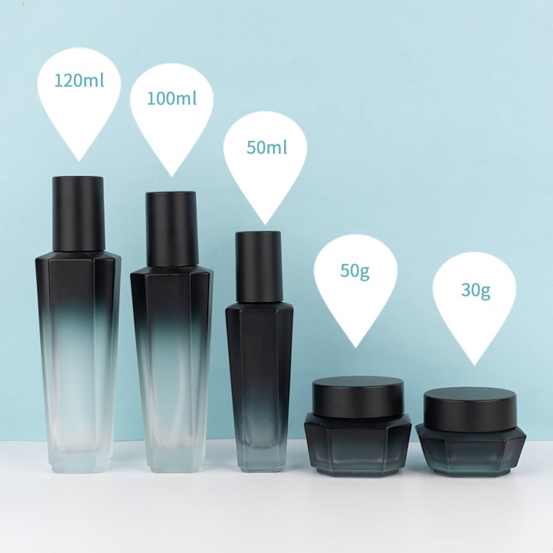 Custom logo gradient hexagon 30g 50g 40ml 100ml 120ml glass bottle and jar cosmetic container with black cap glass bottle