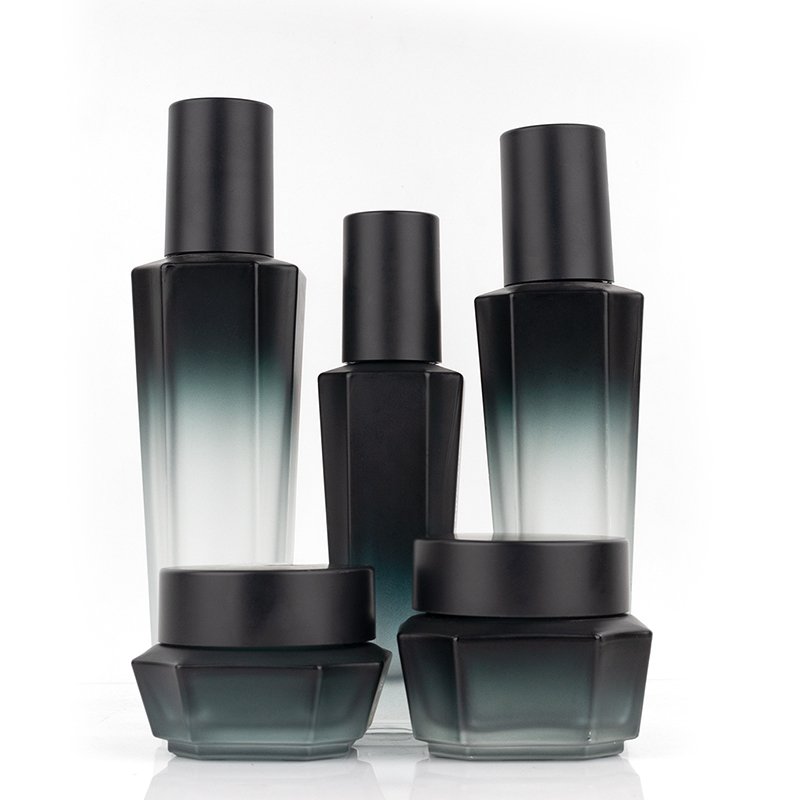 Custom logo gradient hexagon 30g 50g 40ml 100ml 120ml glass bottle and jar cosmetic container with black cap glass bottle