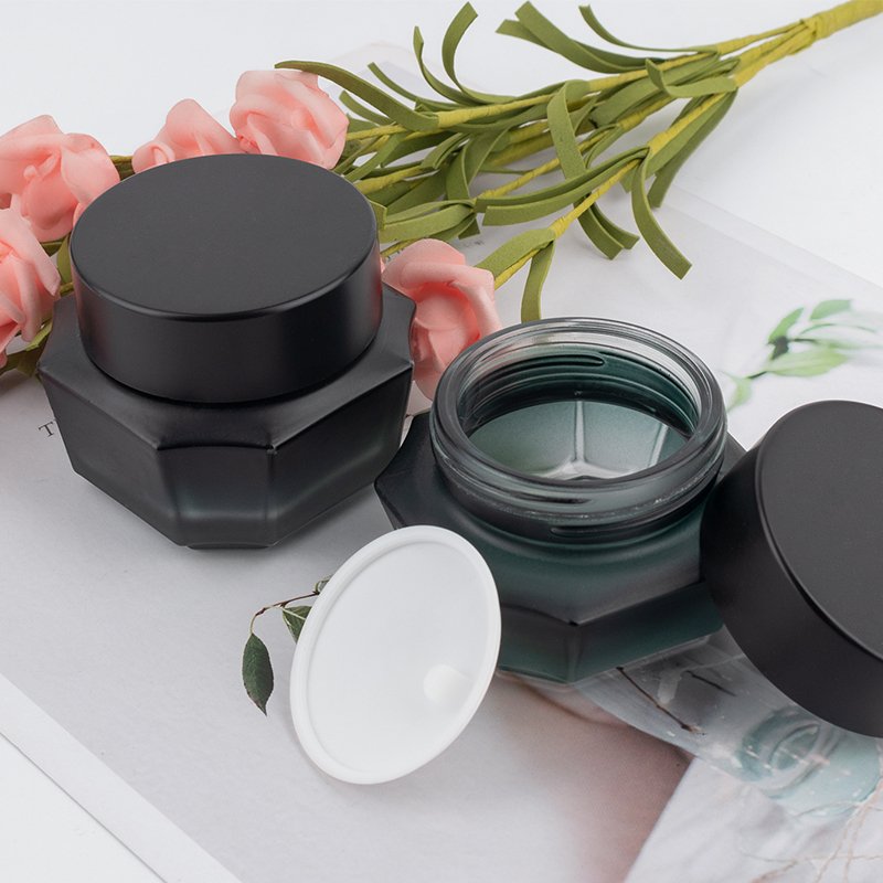 Custom logo gradient hexagon 30g 50g 40ml 100ml 120ml glass bottle and jar cosmetic container with black cap glass bottle