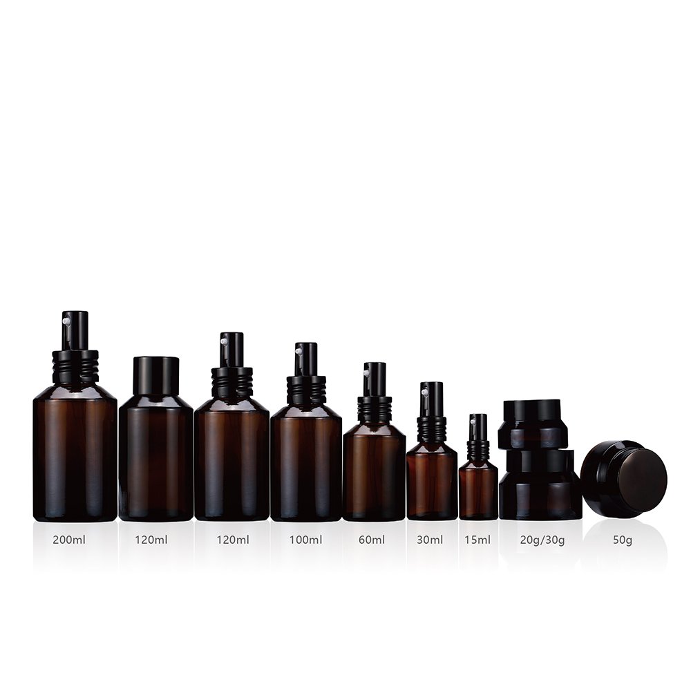 Cosmetic bottles packaging series 15ml-100g matte black slant shoulder glass bottle with gold pump/lid/dropper/spray pump bottle