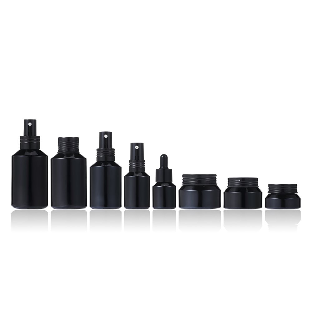 Cosmetic bottles packaging series 15ml-100g matte black slant shoulder glass bottle with gold pump/lid/dropper/spray pump bottle