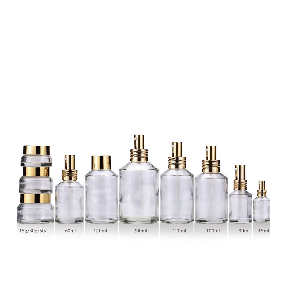 Cosmetic bottles packaging series 15ml-100g matte black slant shoulder glass bottle with gold pump/lid/dropper/spray pump bottle