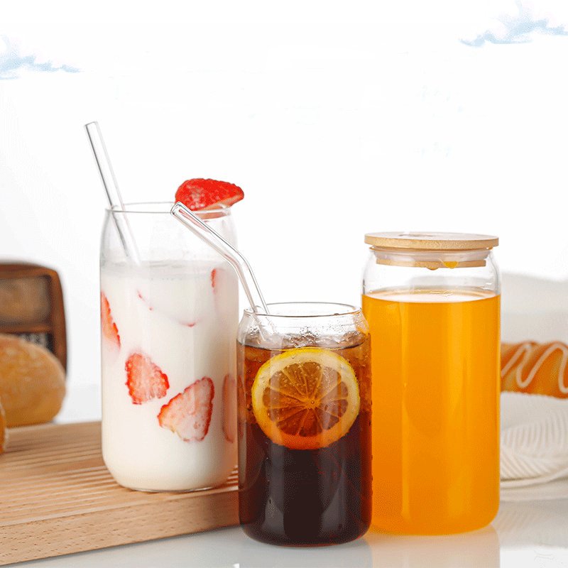 Wholesale new design 12oz 16oz clear glass bottle glass tumbler with straw and bamboo lid