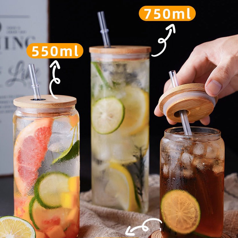 Wholesale new design 12oz 16oz clear glass bottle glass tumbler with straw and bamboo lid