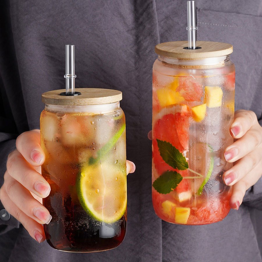 Wholesale new design 12oz 16oz clear glass bottle glass tumbler with straw and bamboo lid