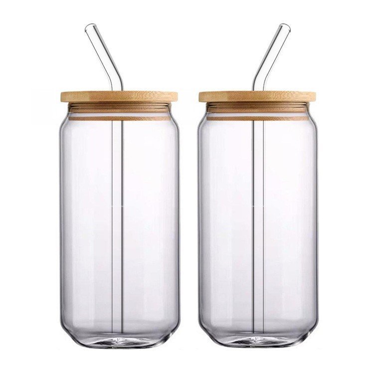 Wholesale new design 12oz 16oz clear glass bottle glass tumbler with straw and bamboo lid