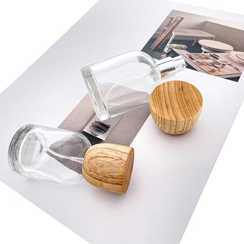 Crimp Perfume Bottle Round Spray Glass with Wooden Cap Factory Direct Wholesale Empty 30ml 50ml Cosmetic Packaging PUMP Sprayer
