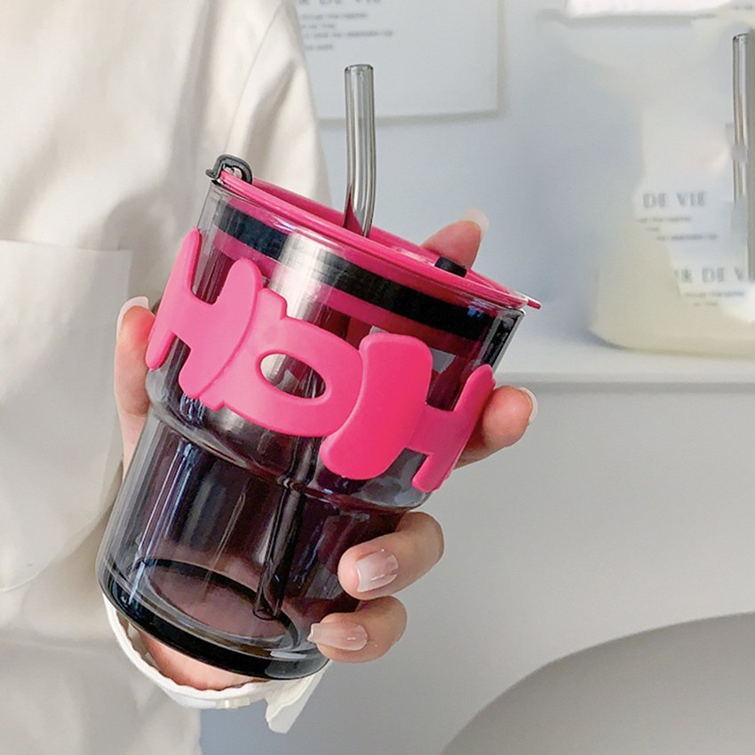 Fashion Lead Free Drink Glassware Customized High Temperature Resistant Coffee Cup Glass Water Bottle With Lid Straw