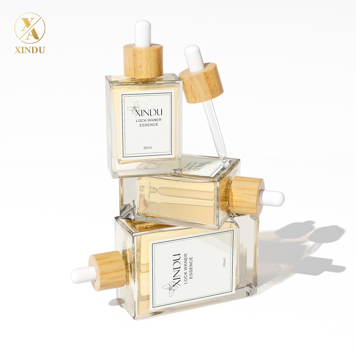 30ml 50ml 100ml Flat Square Rectangle Luxury Bamboo Head Dropper Essential Oil Glass Bottles Perfumes Packaging Glass Bottles