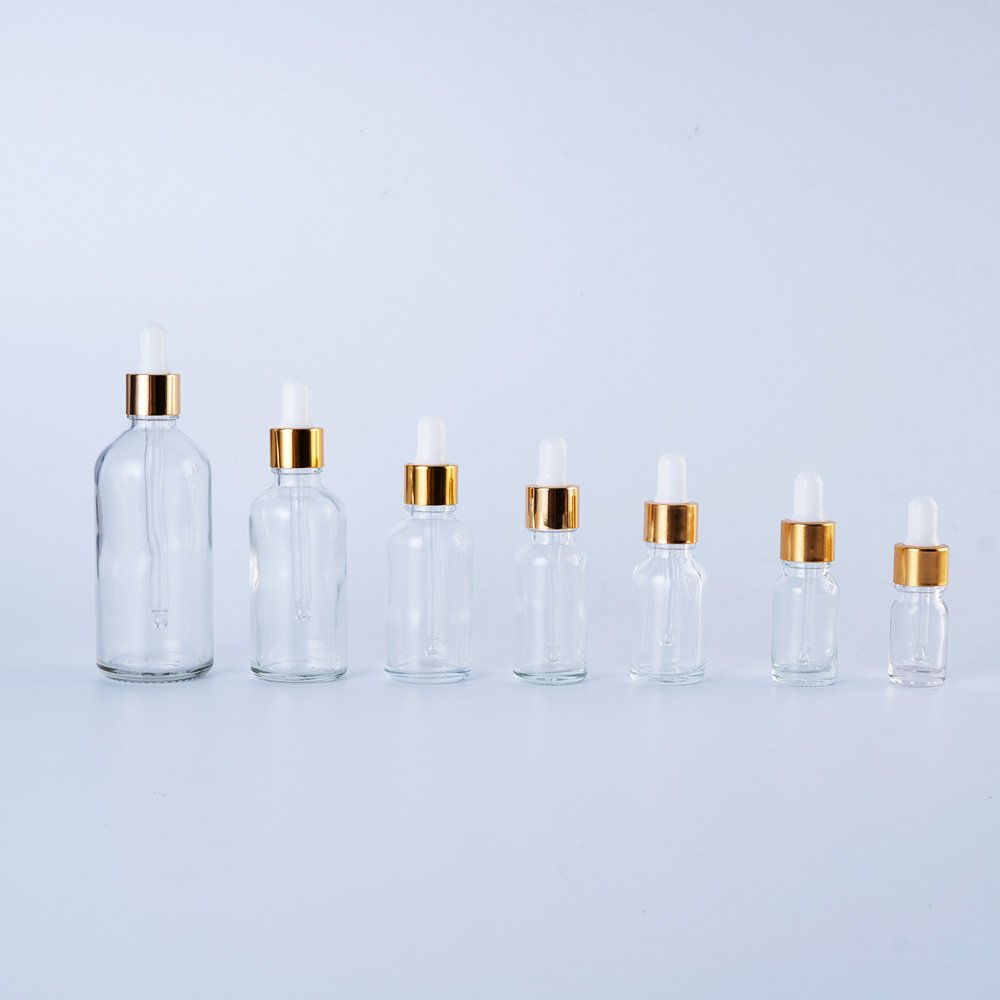 5ml 10ml 20ml 50ml 60ml 100ml Essential Oil Gold Aluminum Cap Packaging Dropper Glass Bottle Cosmetic Clear Glass Bottles