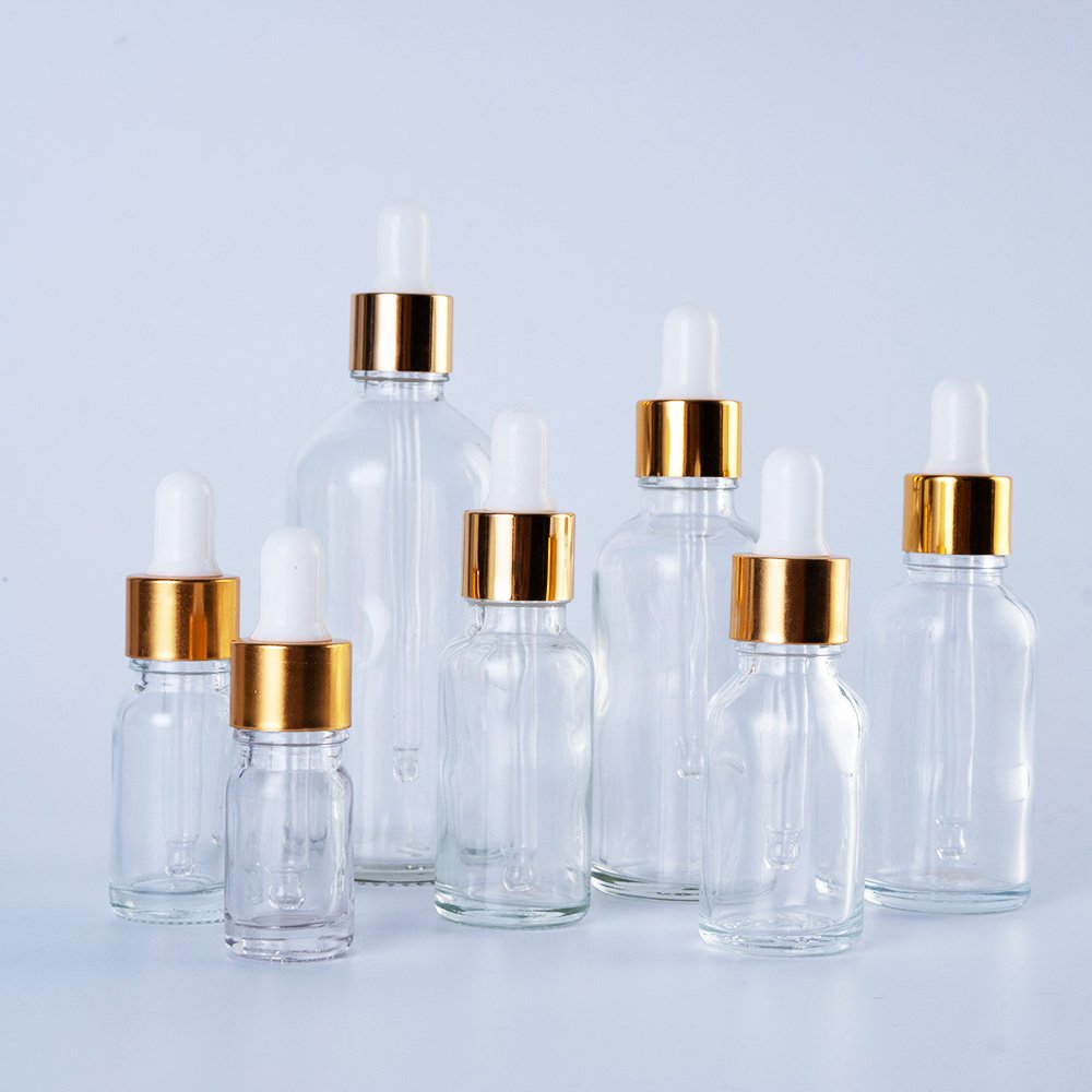 5ml 10ml 20ml 50ml 60ml 100ml Essential Oil Gold Aluminum Cap Packaging Dropper Glass Bottle Cosmetic Clear Glass Bottles