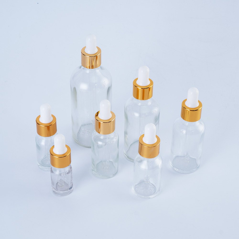 5ml 10ml 20ml 50ml 60ml 100ml Essential Oil Gold Aluminum Cap Packaging Dropper Glass Bottle Cosmetic Clear Glass Bottles