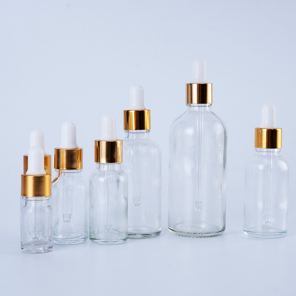 5ml 10ml 20ml 50ml 60ml 100ml Essential Oil Gold Aluminum Cap Packaging Dropper Glass Bottle Cosmetic Clear Glass Bottles