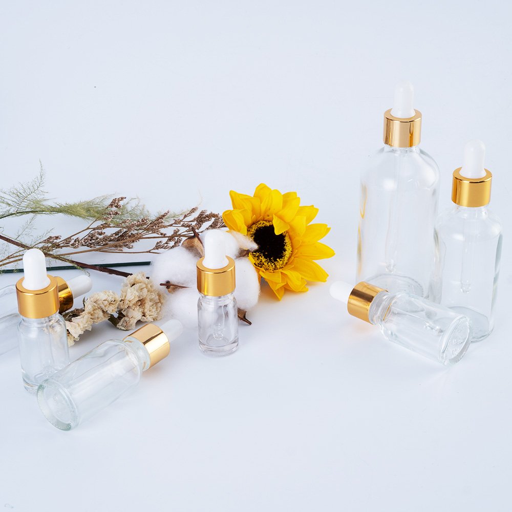 5ml 10ml 20ml 50ml 60ml 100ml Essential Oil Gold Aluminum Cap Packaging Dropper Glass Bottle Cosmetic Clear Glass Bottles