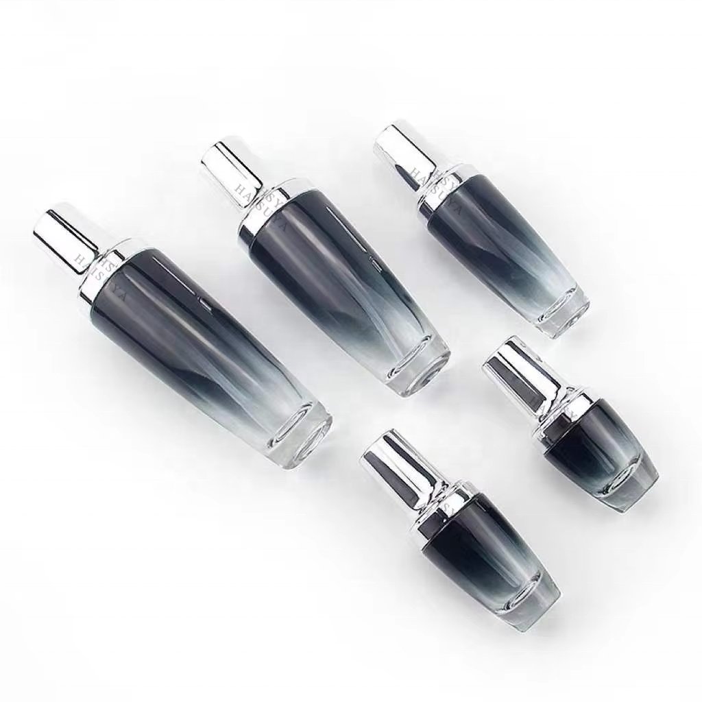 Unique Shaped Frosted Black Electroplating Glass Cosmetic Skincare Lotion Potion Serum Pump Spray Bottle And Face Cream Jar Set