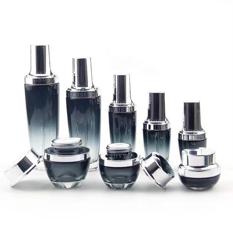 Unique Shaped Frosted Black Electroplating Glass Cosmetic Skincare Lotion Potion Serum Pump Spray Bottle And Face Cream Jar Set