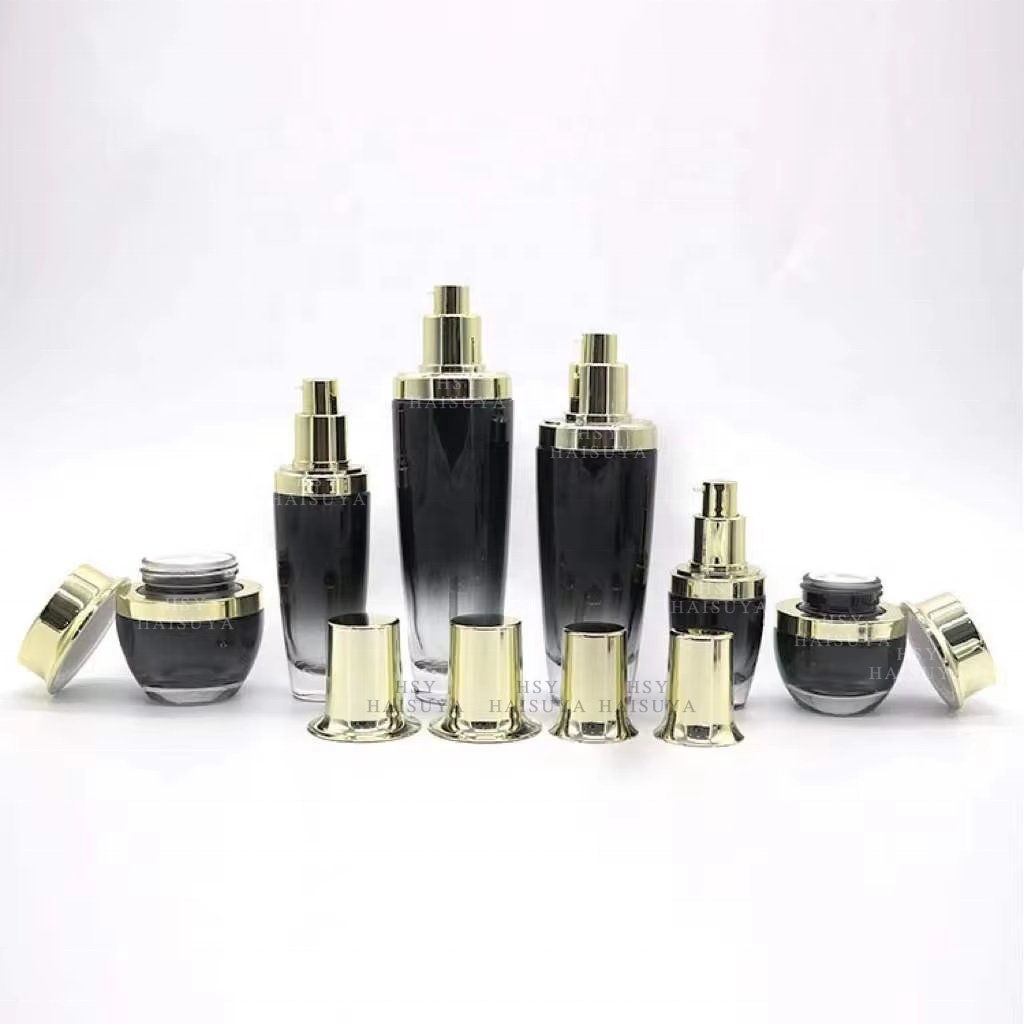 Unique Shaped Frosted Black Electroplating Glass Cosmetic Skincare Lotion Potion Serum Pump Spray Bottle And Face Cream Jar Set