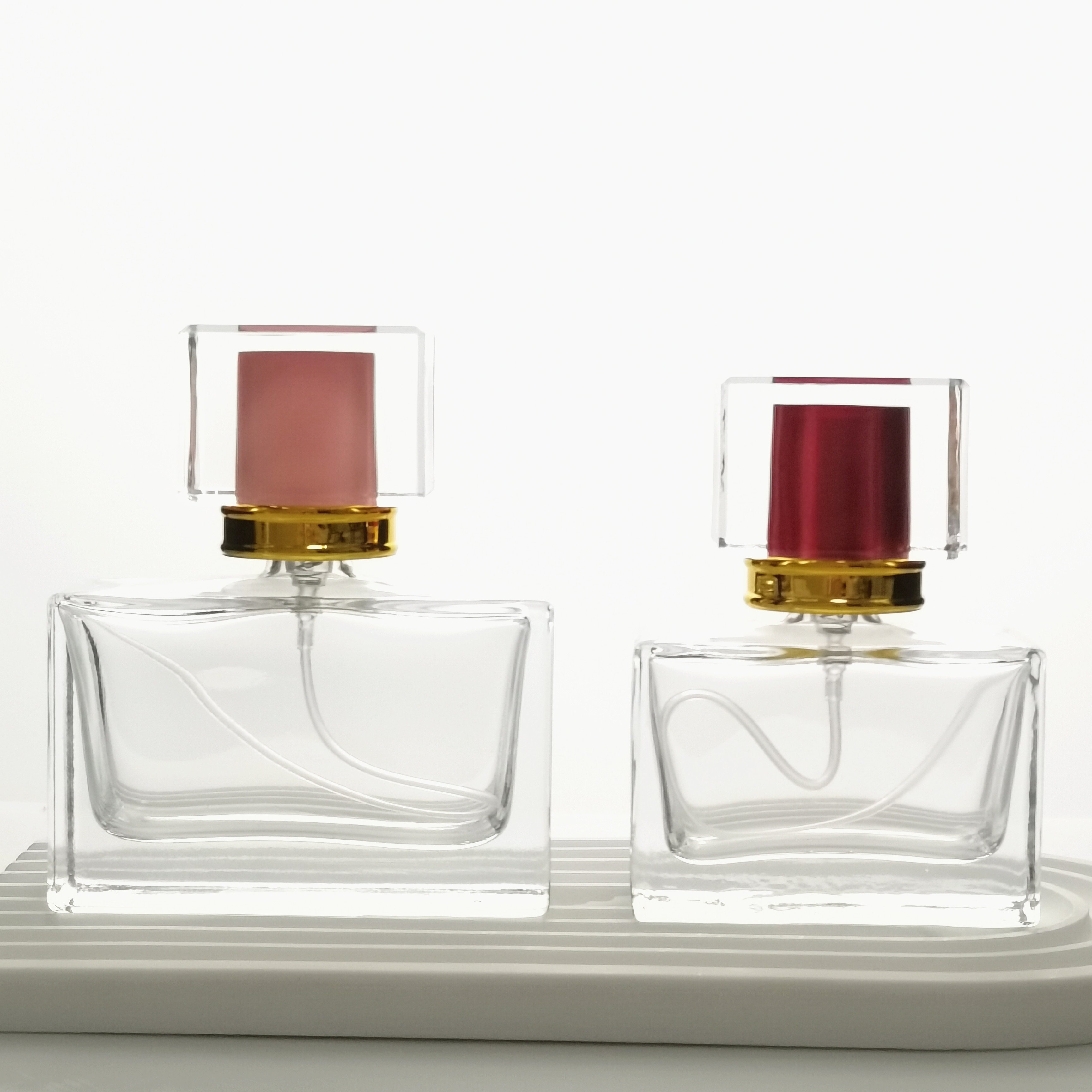 Luxury 50ml rectangle glass perfume bottle with pink lids
