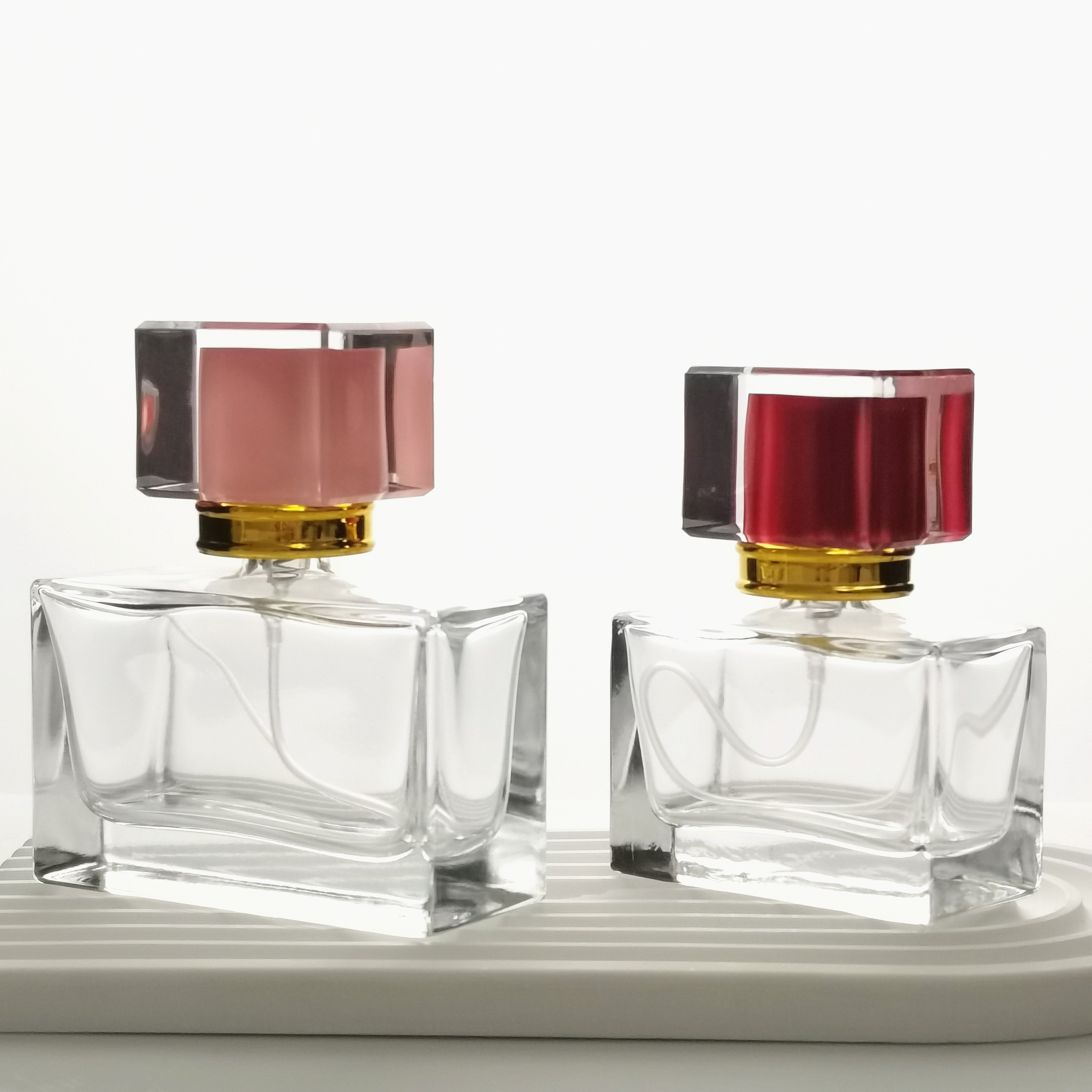Luxury 50ml rectangle glass perfume bottle with pink lids