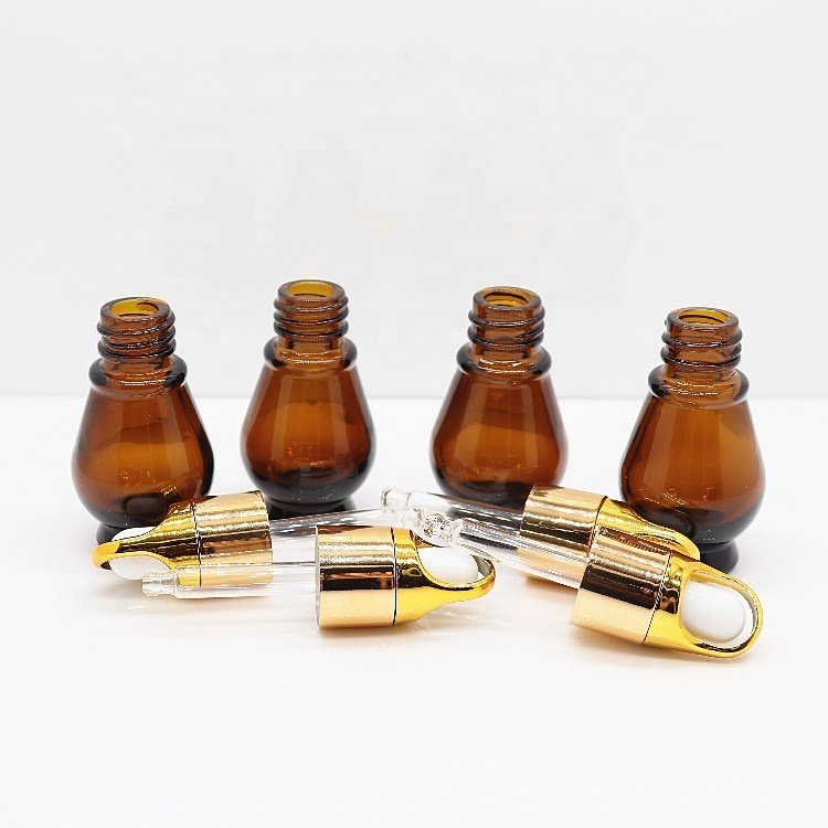 Empty 10ml Amber Single Gourd Shape Glass Bottle With Dropper Cap For Cosmetic Packaging Essential Oil Packing