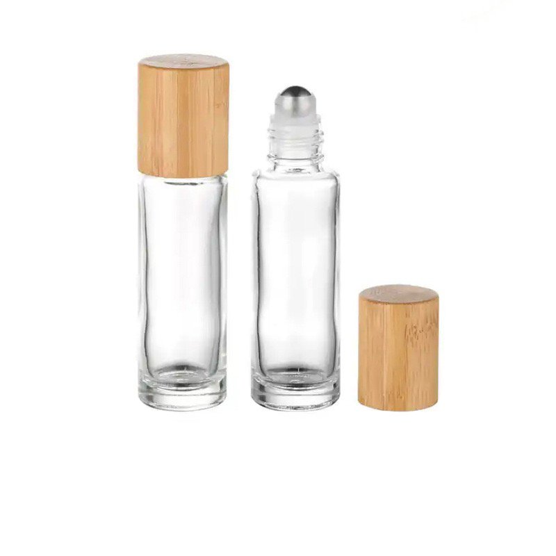 Hot selling 5ml 10ml bamboo roll on glass bottle frosted amber roll on perfume bottle for essential oil