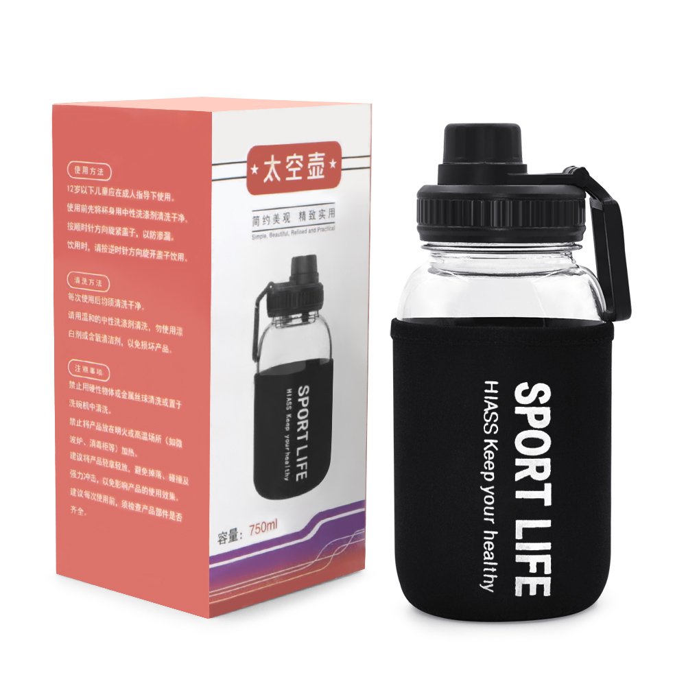 26 oz Portable Large Capacity Glass Drinkware with sleeve Borosilicate Glass Water Bottle