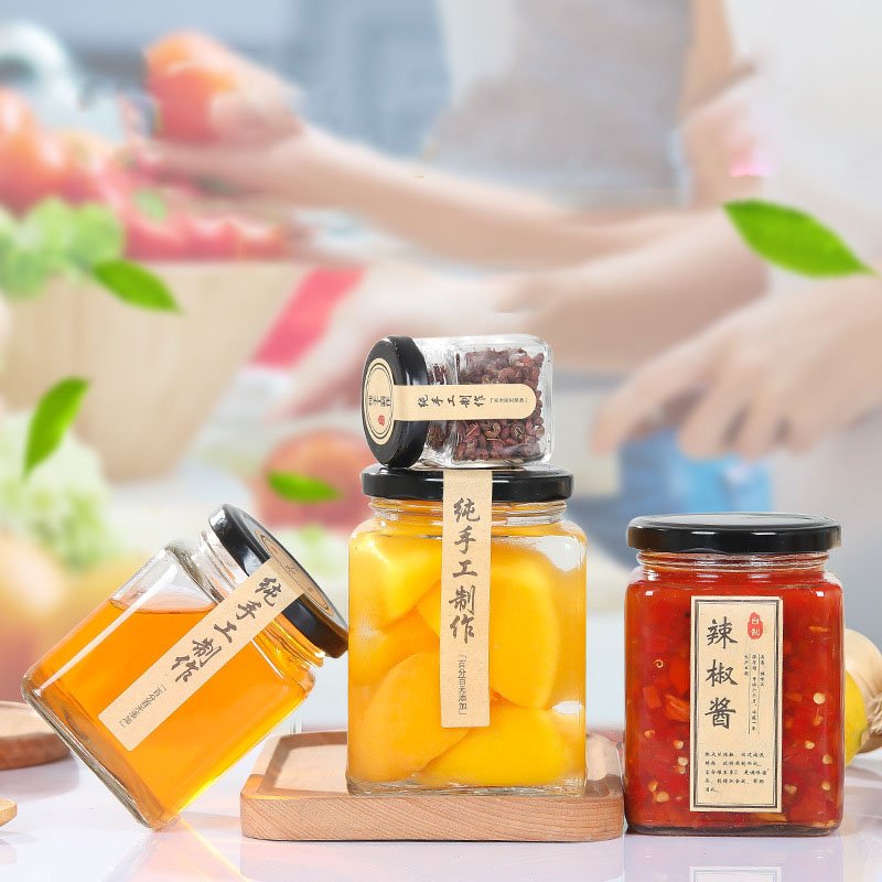 Classic clear square glass honey jar glass bottle with black metal lid for honey pickles canned jam