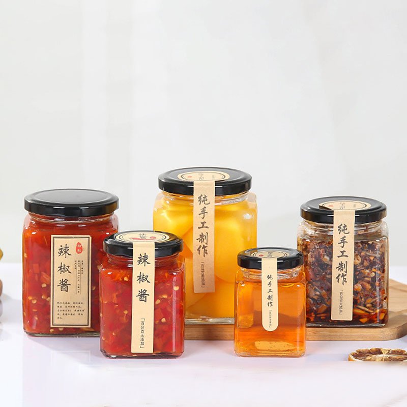 Classic clear square glass honey jar glass bottle with black metal lid for honey pickles canned jam