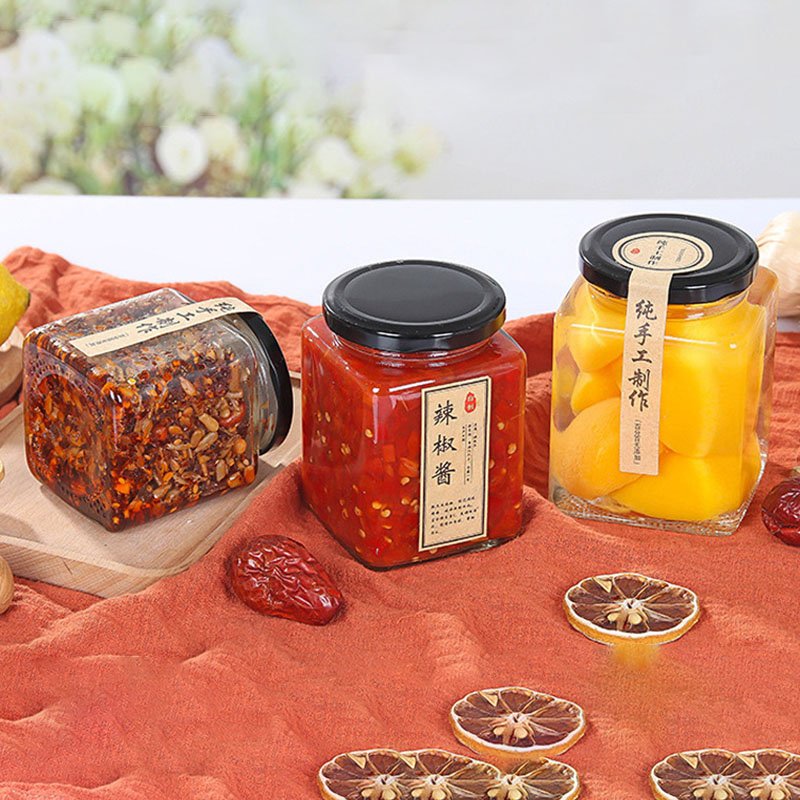 Classic clear square glass honey jar glass bottle with black metal lid for honey pickles canned jam