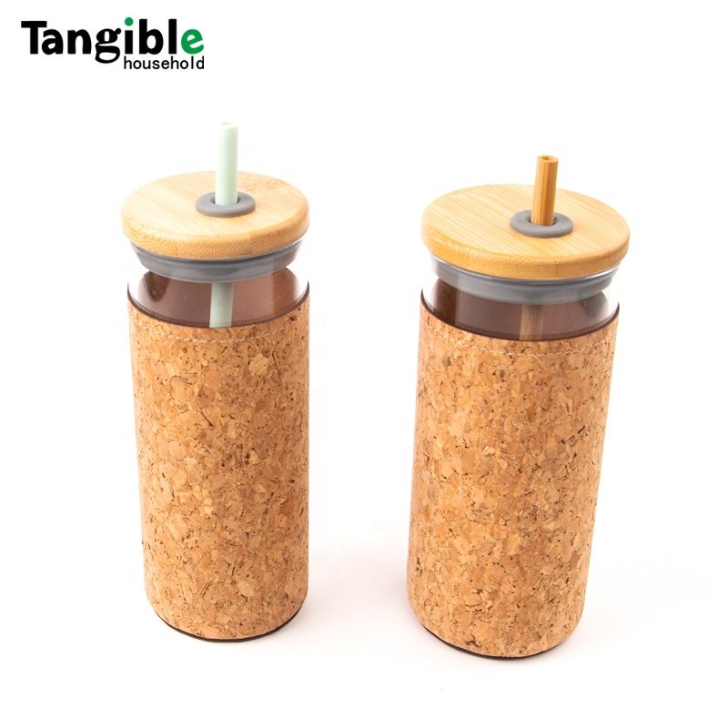 Custom BPA free glass water bottle with bamboo lid stainless straw cork sleeve