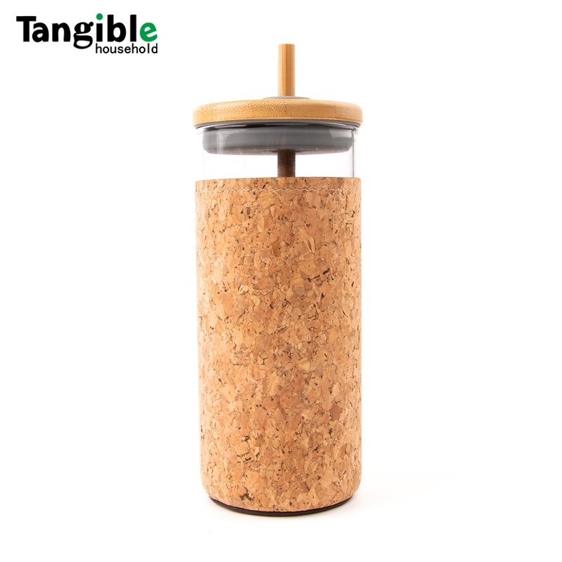 Custom BPA free glass water bottle with bamboo lid stainless straw cork sleeve
