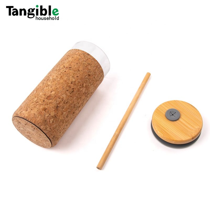 Custom BPA free glass water bottle with bamboo lid stainless straw cork sleeve