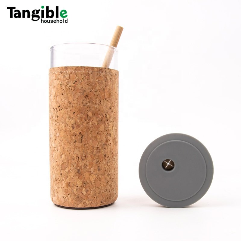 Custom BPA free glass water bottle with bamboo lid stainless straw cork sleeve