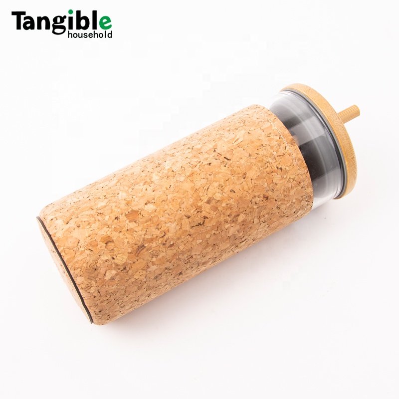 Custom BPA free glass water bottle with bamboo lid stainless straw cork sleeve