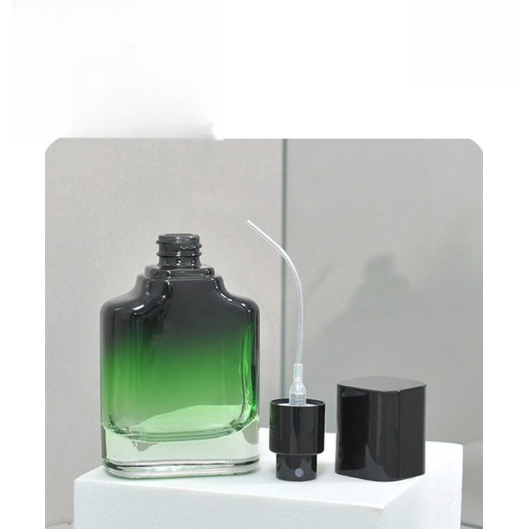 Wholesale Custom Square Gradient Spray Glass Perfume Bottle 50ml Flat Shape Frost Matte Surface Hot Stamping Screw Cap Packaging
