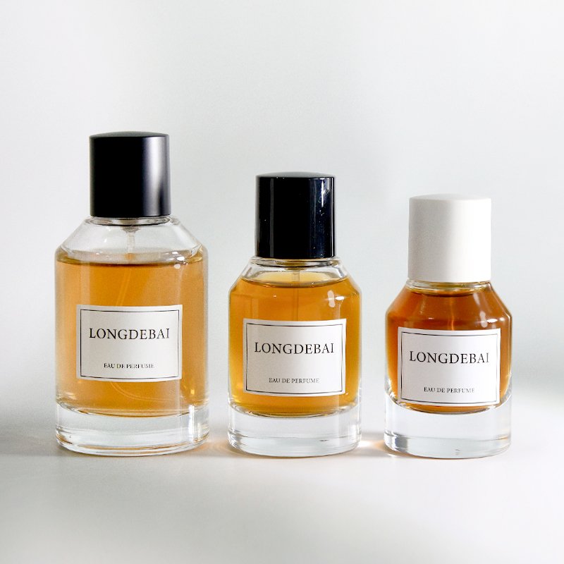 Factory round perfume glass bottle clear pump spray crimp empty 30ml 50ml perfume bottle 100ml with black cap
