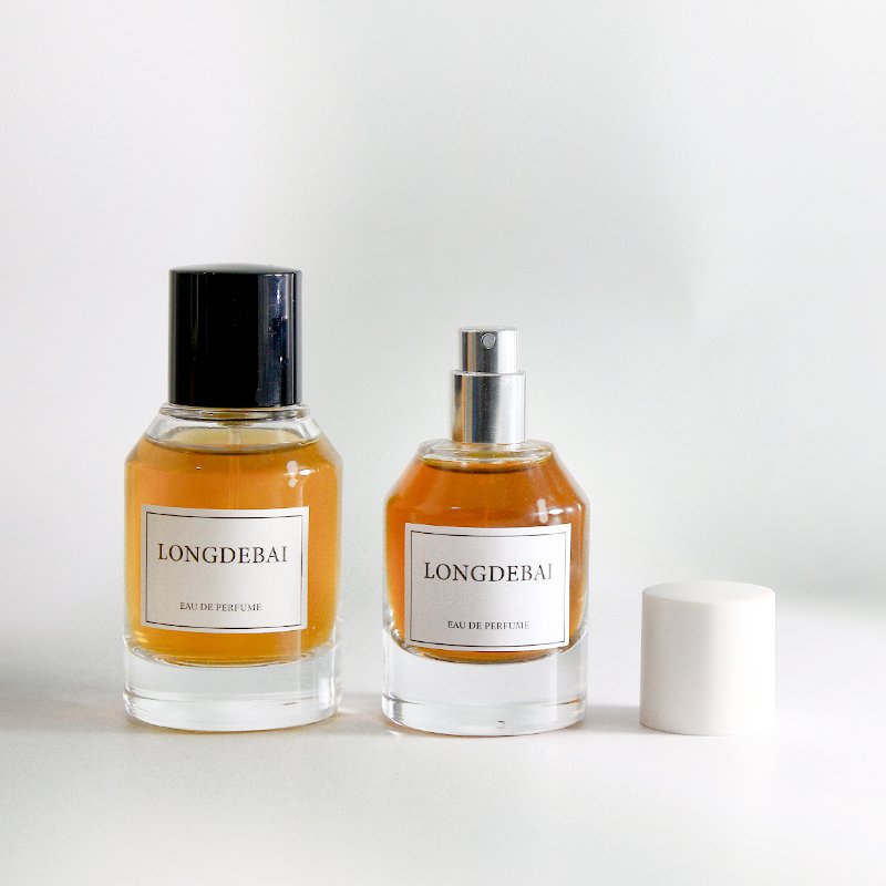 Factory round perfume glass bottle clear pump spray crimp empty 30ml 50ml perfume bottle 100ml with black cap