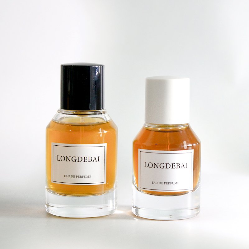 Factory round perfume glass bottle clear pump spray crimp empty 30ml 50ml perfume bottle 100ml with black cap