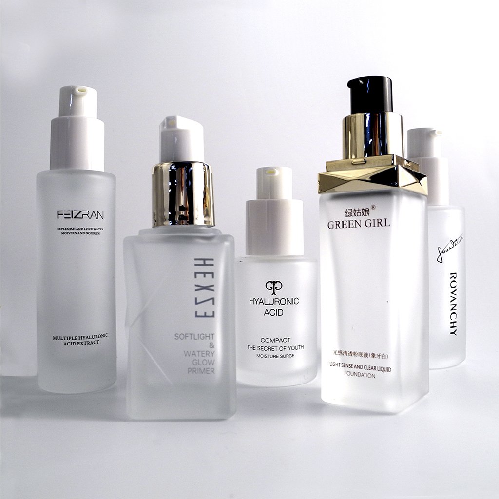 Accept custom shaped and coated cosmetic glass bottles 75ml 100ml 120ml pump head spray