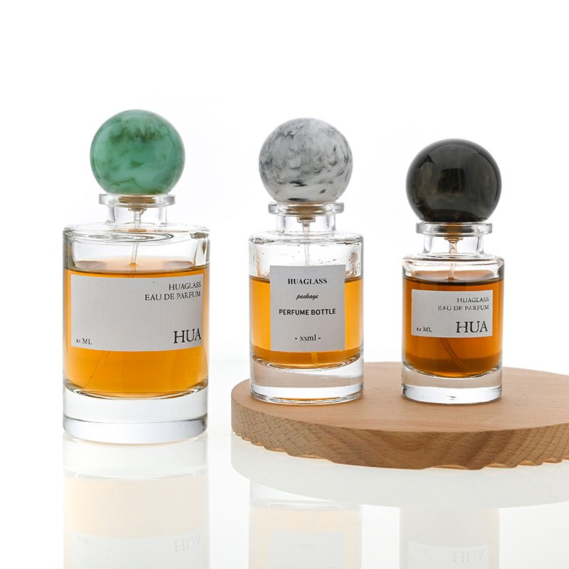 New 30ml 50ml 100ml Clear Empty Round Luxury Glass Perfume Bottle Crimp Spray Green Resin cap For Fragrance Cosmetic Packaging
