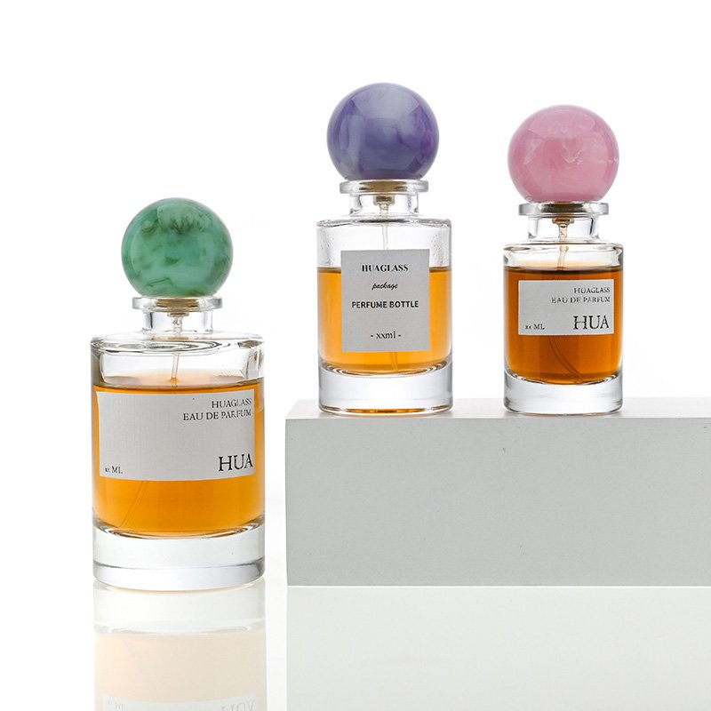 New 30ml 50ml 100ml Clear Empty Round Luxury Glass Perfume Bottle Crimp Spray Green Resin cap For Fragrance Cosmetic Packaging
