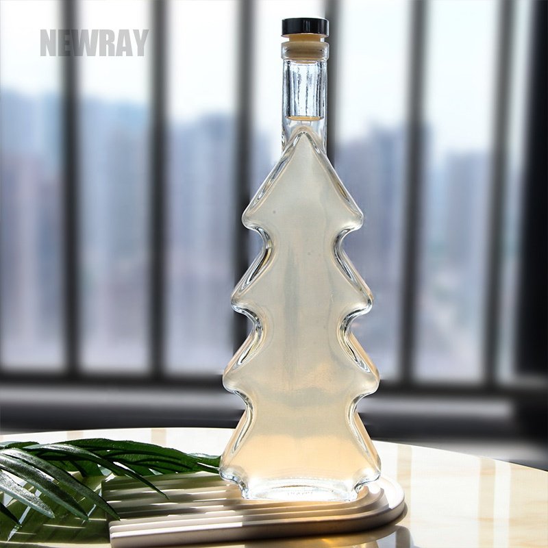 Wholesale Transparent Tree Shape Vodka Liquor Glass Bottle 500ml 750ml Clear Glass Wine Bottle with Cork