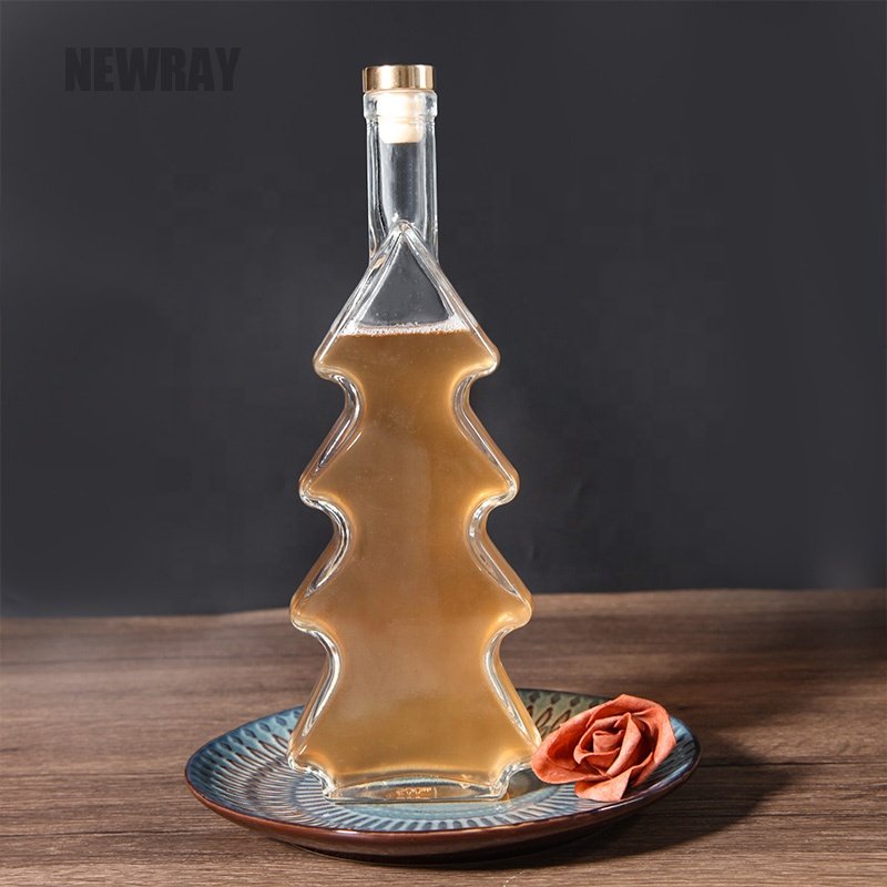 Wholesale Transparent Tree Shape Vodka Liquor Glass Bottle 500ml 750ml Clear Glass Wine Bottle with Cork